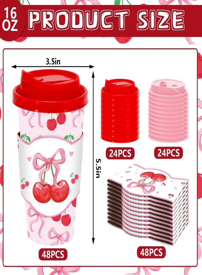 JarThenaAMCS 48 Set Pink Bow Cherry Disposable Coffee Cups with Lids Sleeves Red Pink Cherry Paper Drinking Cup Watercolor Paper Cup for Coquette Birthday Party Supplies - Image 2